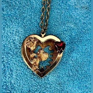 Estate sale…Vintage Gold Heart Cupid Pendant Necklace with Red Gemstone